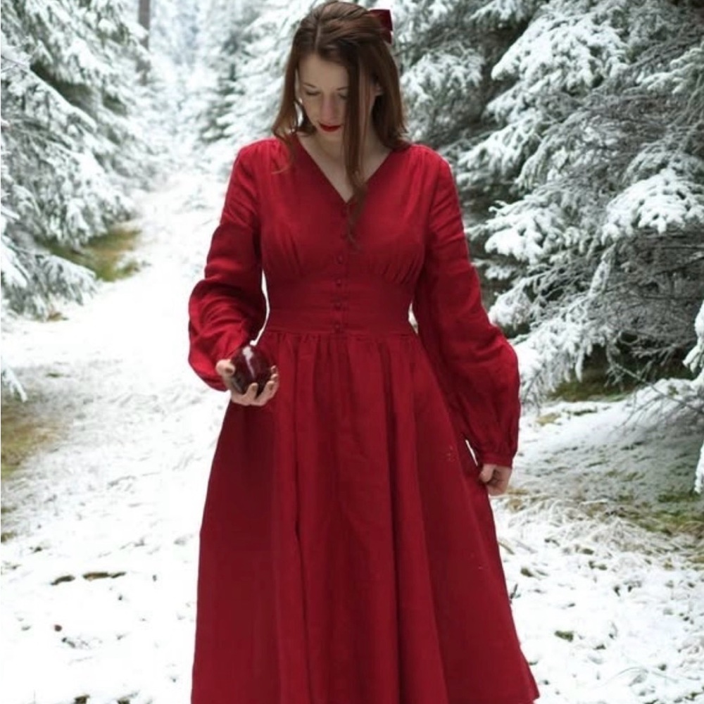 Son De Flor Diane Bell Sleeve Linen Dress red Poppy Small